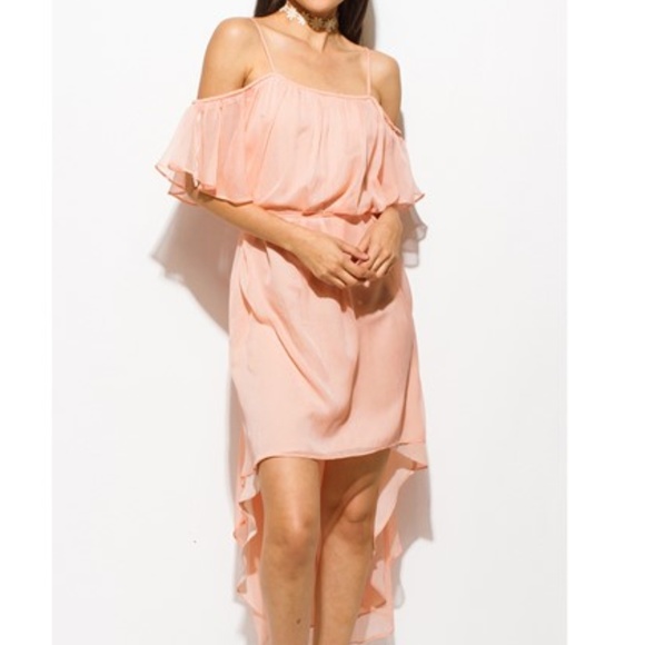 Coral Pink Cold Shoulder High Low Party Sun Dress - Picture 4 of 7